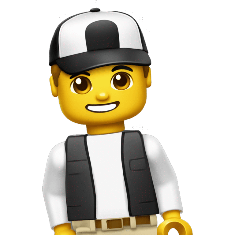 Yellow skin with a white t shirt and black pants with a classic lego baseball cap emoji