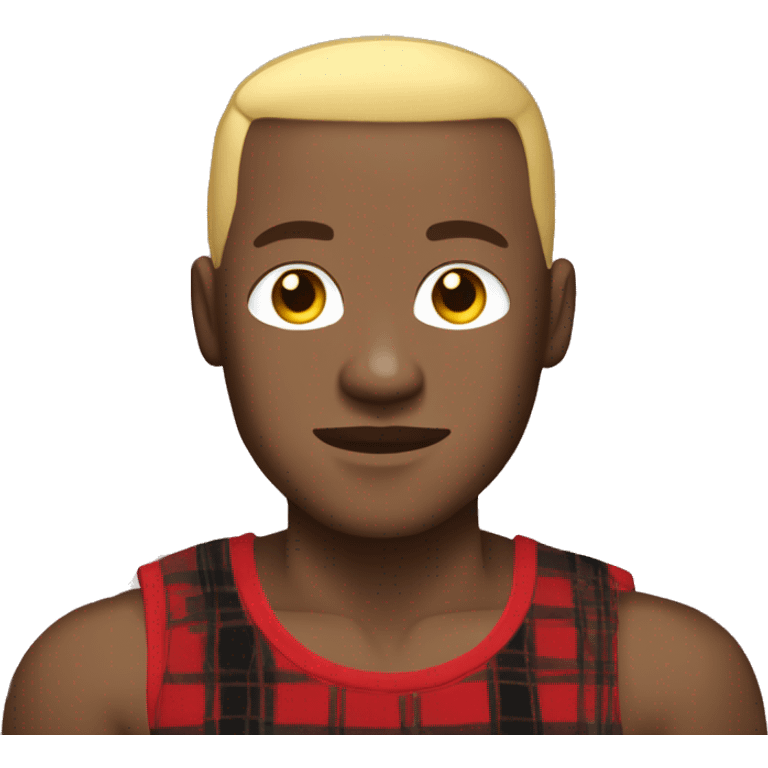 Black Filipino man with blonde buzzcut wearing a black tank top and red plaid pajama pants and muscles  emoji