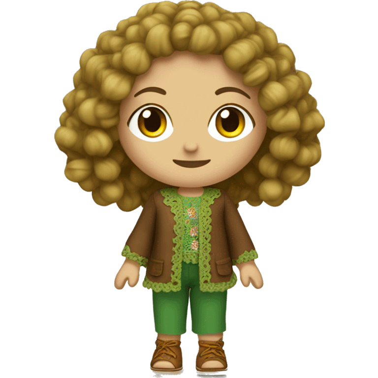 girl with blonde curly hair wearing green and brown hippie crochet outfit and brown shoes emoji