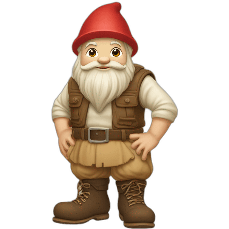 side view of gnome with light tan pants and light tan boots squatting in front of small brown log emoji