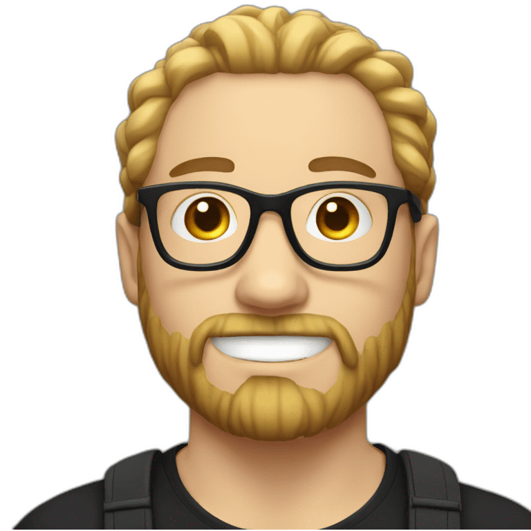 White Man with clear glasses and a black tshirt and a man bun and beard emoji