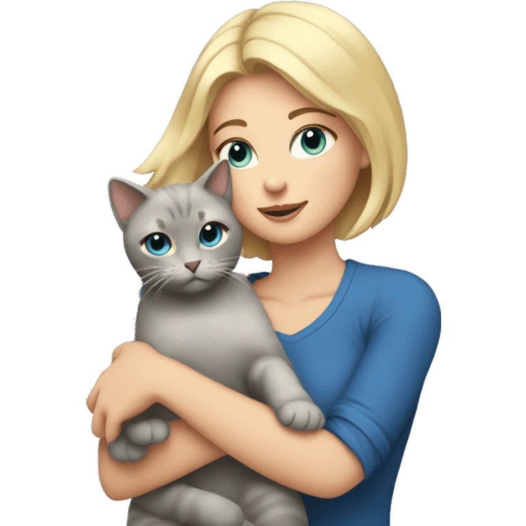 blonde with short hair and blue eyes holds a gray cat in her arms emoji