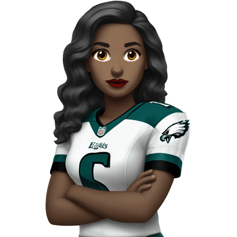  White skin female dark hair red lips wearing Philadelphia Eagles jersey emoji