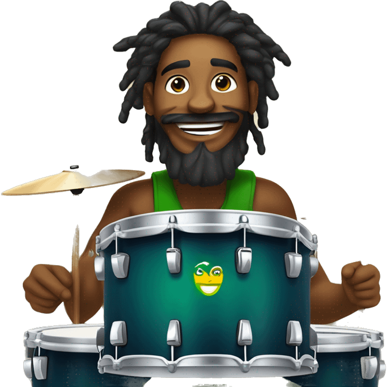 Illustrate a Brazilian drummer with tied hair, a beard, and Rastafarian style, with an expression of pure happiness while playing drums in a live stream. Make sure the logo "GG Lukas Drummer" is in the background. emoji