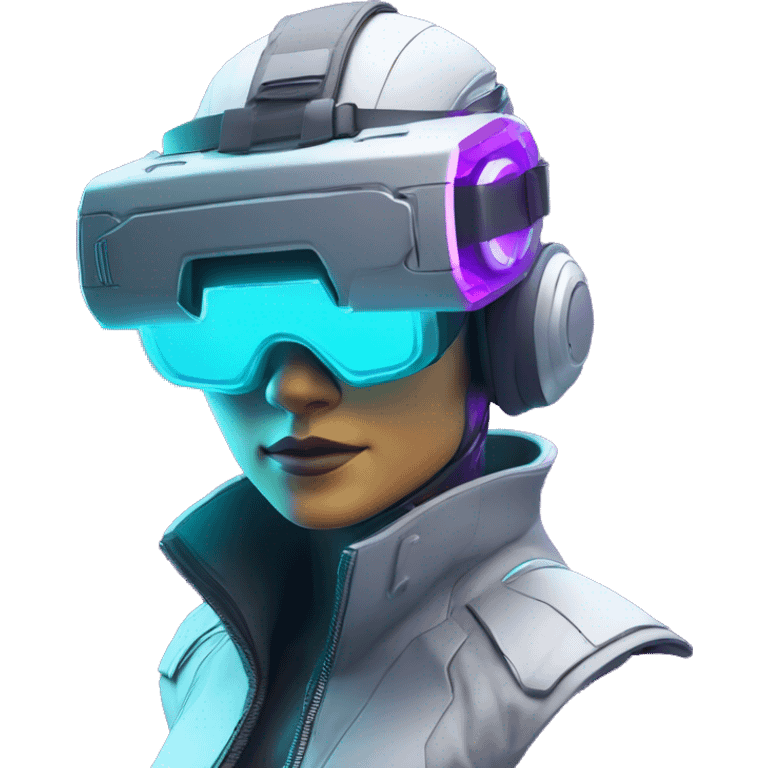 Secret human agent in a futuristic hat with in Apple VR goggles headset code display on the goggles , cyberpunk, cyan and purple colors, only upper body portrait, front facing the camera  emoji