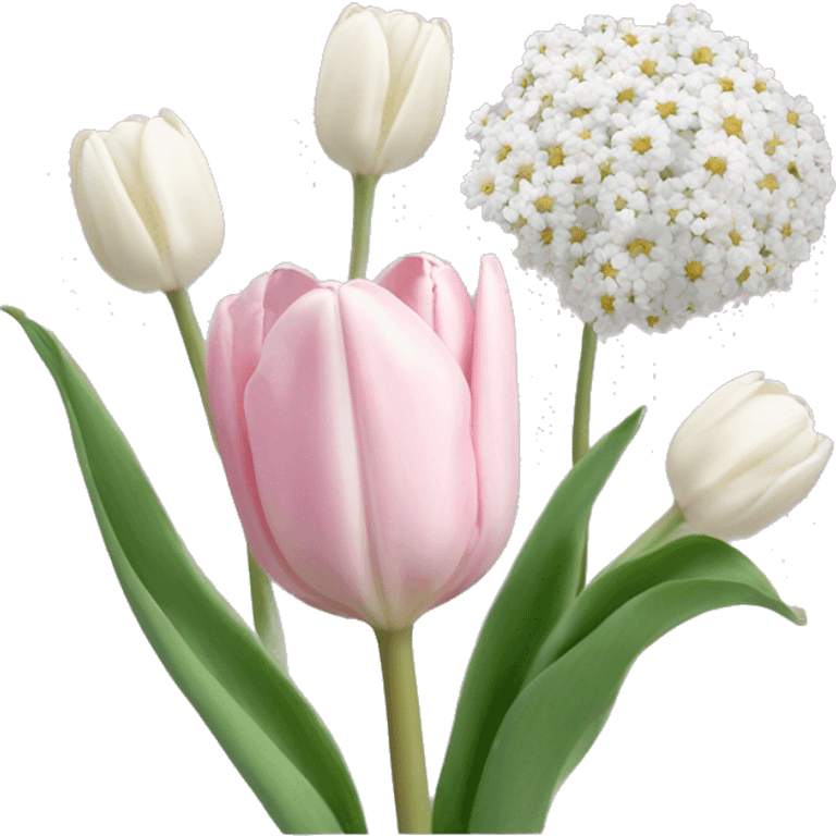 light pink tulip, baby's breath, and white chrysanthemum bouquet emoji