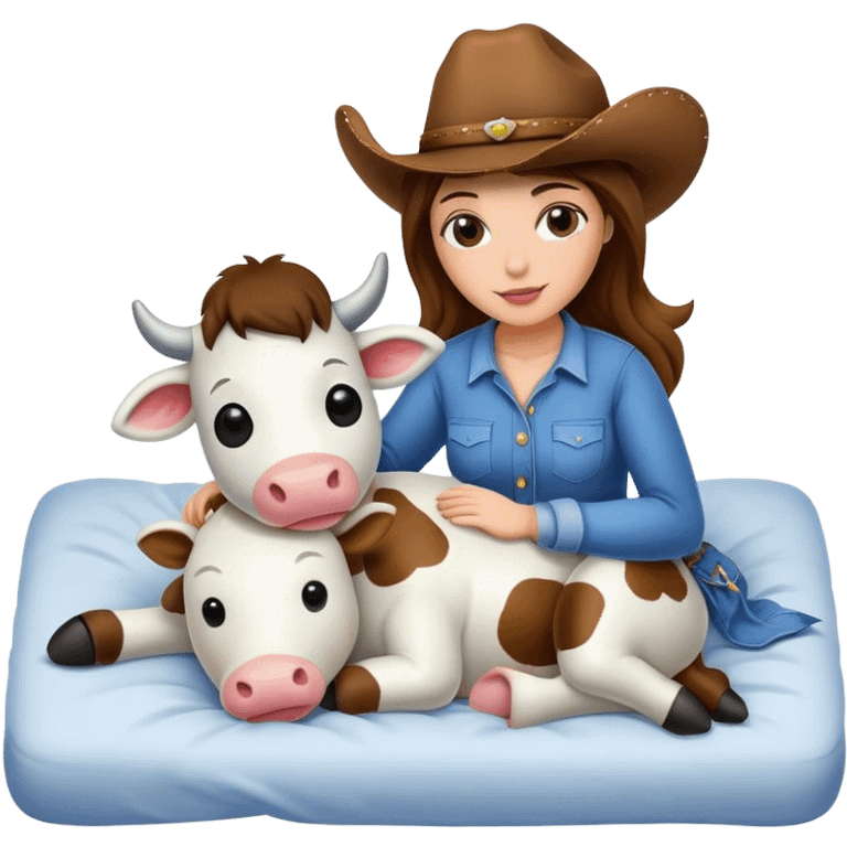 Cowgirl cuddling stuffed cow in bed  emoji