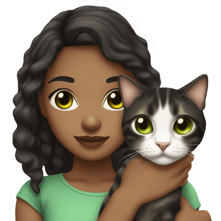 Young black woman brown eyes and black hair holding a white and brown tabby cat with green eyes emoji