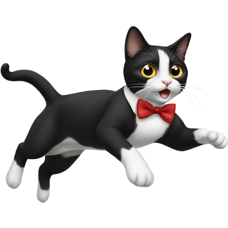 tuxedo cat jumping with a bow tie emoji