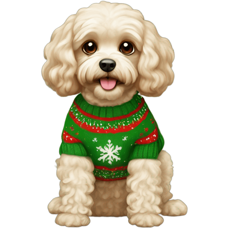 Cream cavapoo wearing a green Christmas jumper  emoji