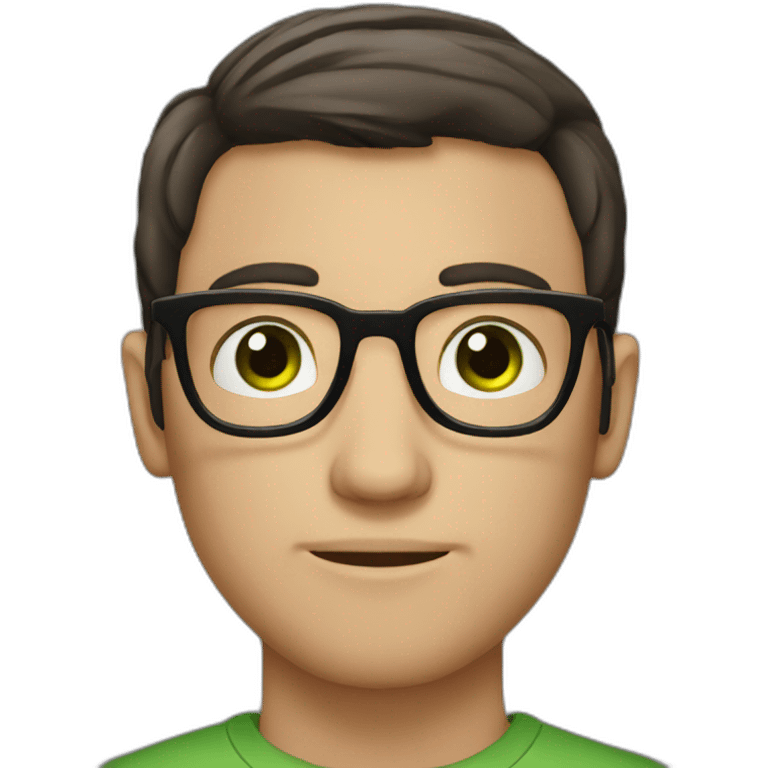 a guy with dark hair, green eyes and glasses thought emoji