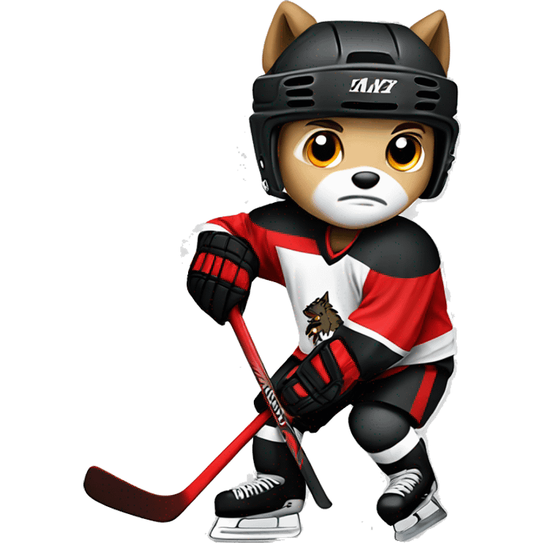 A wolf hockey player in a white red and black uniform holds a puck emoji