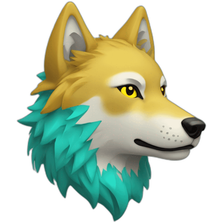 Wolf head with a yellow star paint on his right eye and a turquoise mullet emoji