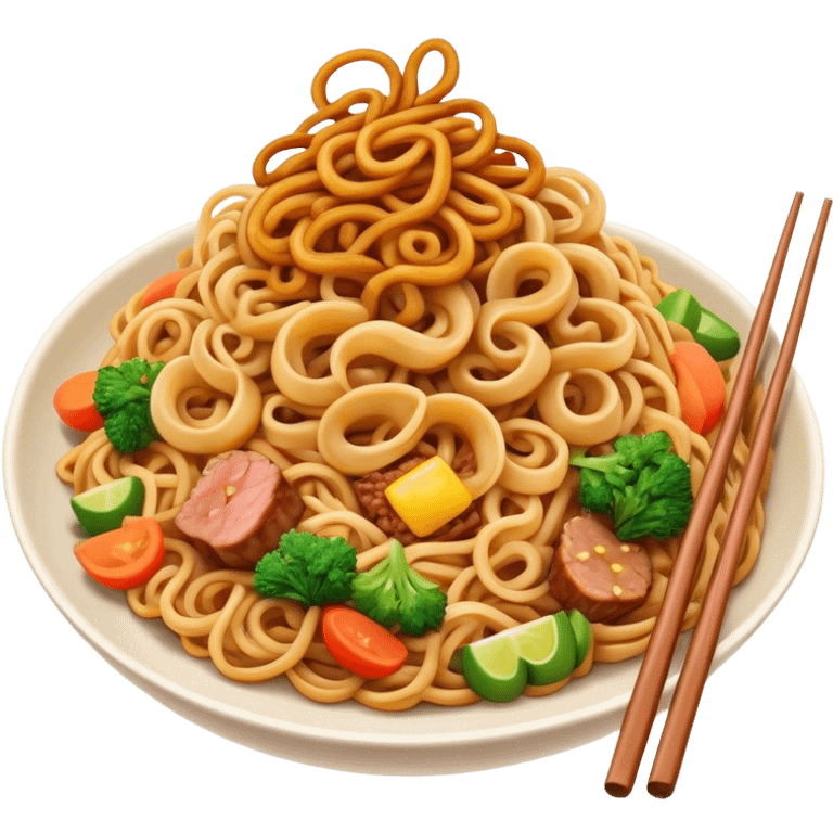 Cinematic Realistic Mie Goreng Dish Emoji, featuring stir‚Äêfried noodles with vegetables and meat rendered with dynamic textures and warm, appetizing lighting. emoji