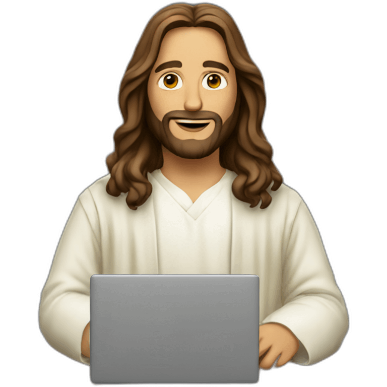 Jesus in modern clothes with a laptop emoji