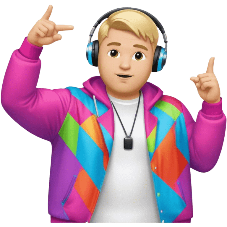 blond big man in colorful dj outfit pointing sideways emoji