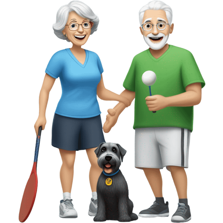 A grandma with short grey hair and grandpa with a short white beard playing pickle ball with a small black and white schnauzer emoji