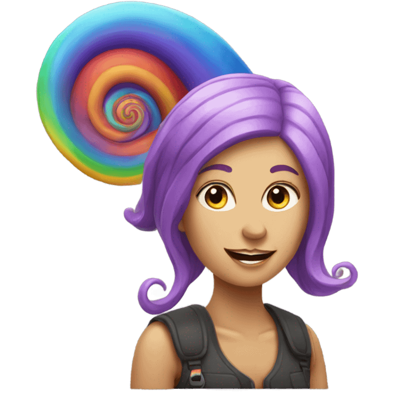 Caucasian Woman with purple hair riding a rainbow snail emoji