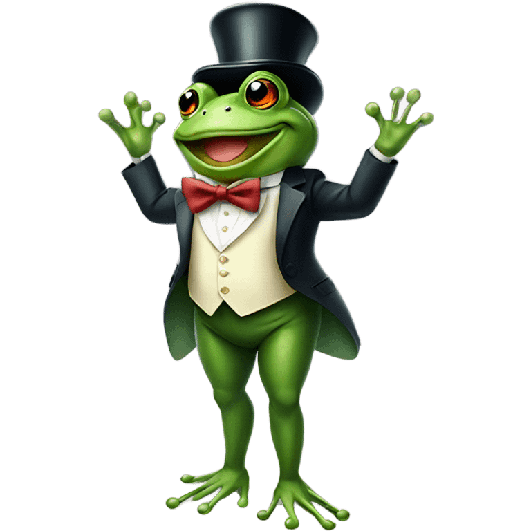 Frog wearing a top hat and bow tie standing on two legs smiling emoji