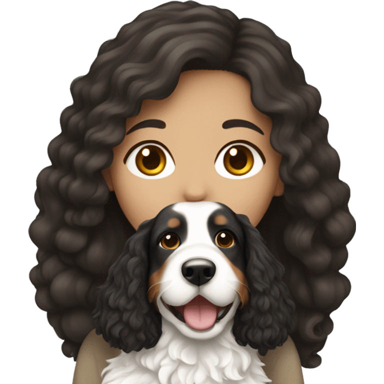 white girl with long dark hair holding white bernedoodle emoji