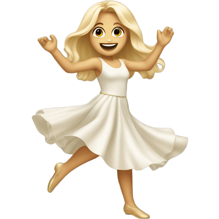 blonde long haired girl dancing excited in pearlecent dress emoji