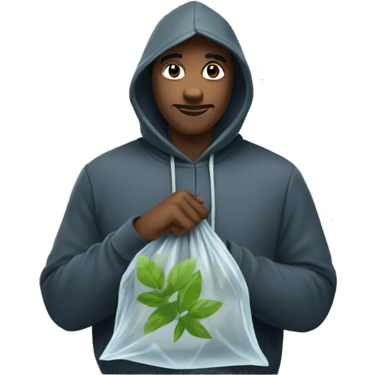 Shady man with hood up holding a clear plastic bag with leaves emoji