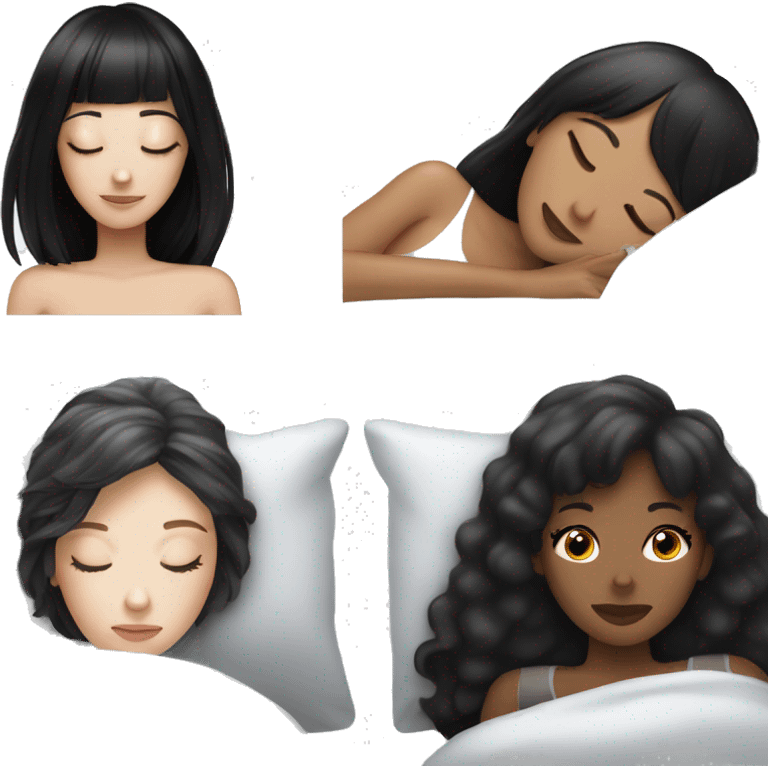 Woman pale skin black hair with bangs sleeping in bed, white woman emoji