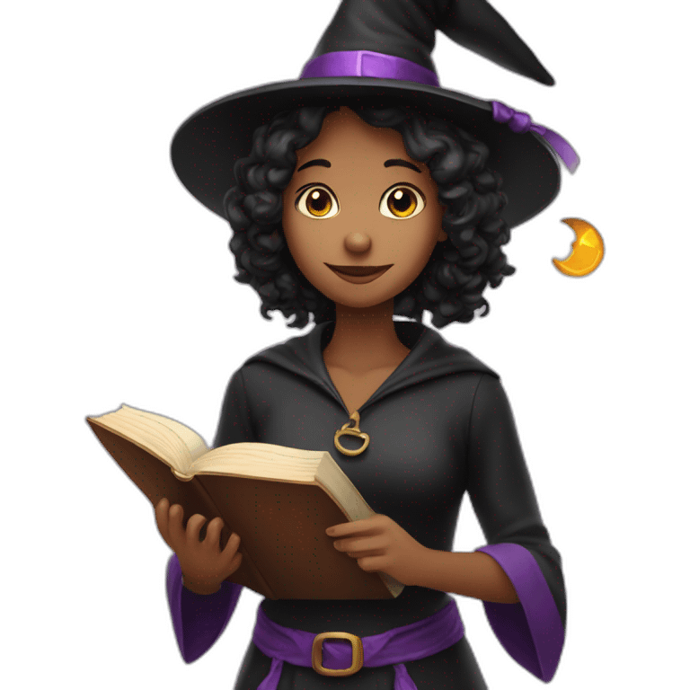 a girl in a witch costume holding a book of magic. emoji