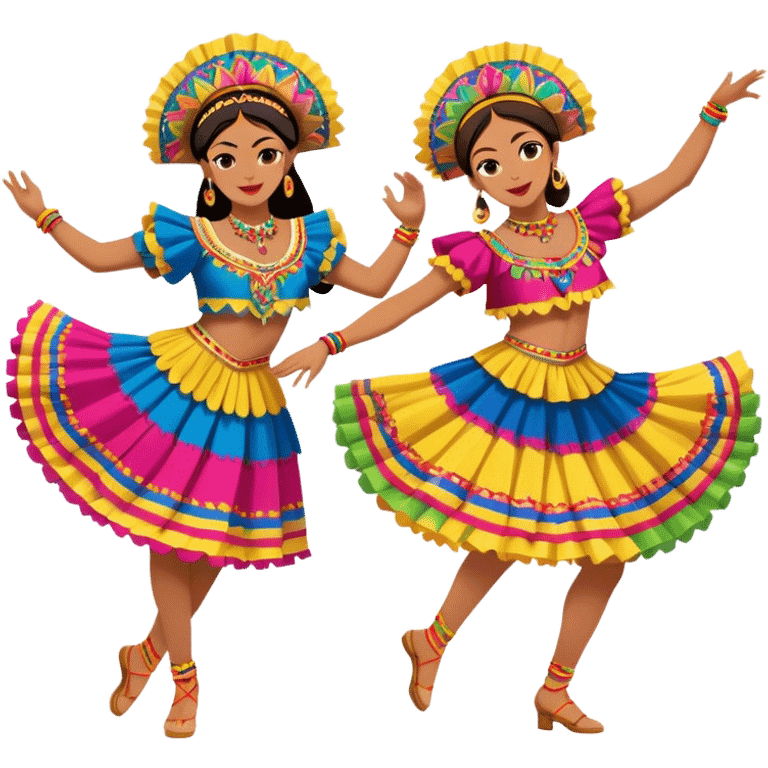 Cinematic Realistic scene of two dancers performing Cumbia, adorned in colorful traditional Colombian costumes with intricate details, captured in rhythmic motion with lively, festive lighting emoji