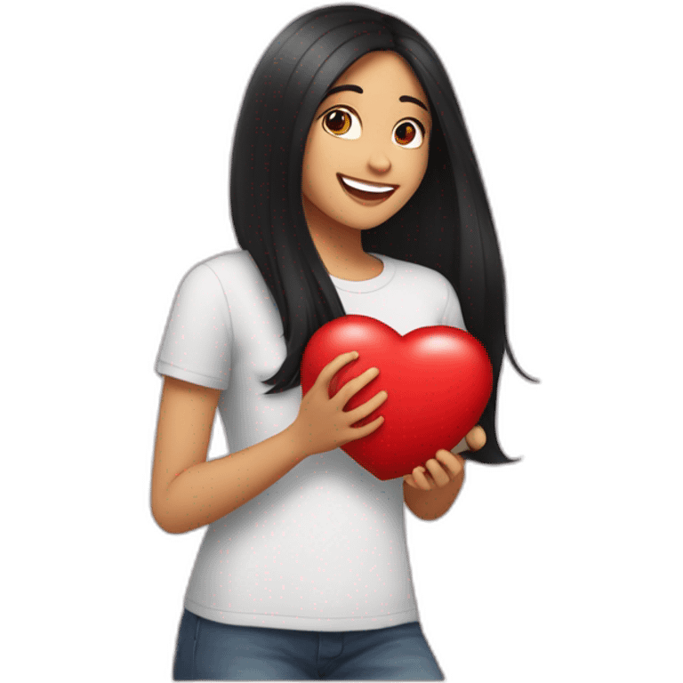  20-year-old woman with long black hair, wearing a formal t-shirt, smiling and hugging a red heart emoji