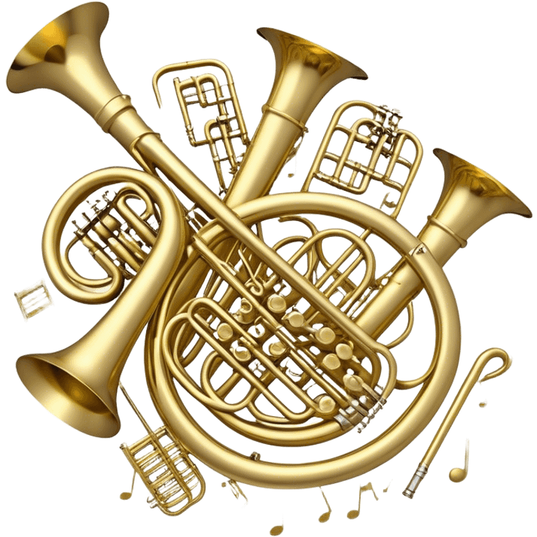 Create a festive and elegant emoji collage featuring a bouquet or fan of bells of wind instrument  (trumpets, saxophones, trombones, tubes, etc.) arranged in a radiant, symmetrical pattern. The instruments should have polished, golden and silver finishes, with their large, shiny bells forming a beautiful, fan-like display. Include a flowing ribbon of musical notes swirling through the center, conveying movement and melody. The background should feature a deep red velvet texture, adding a touch of luxury and sophistication. The overall composition should be balanced, with an elegant and regal feel, with a transparent background to keep focus on the instruments and musical elements. emoji