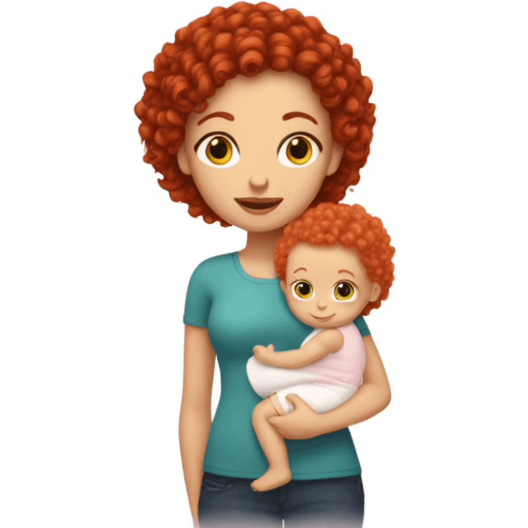 White Female with red curly hair holding bald baby girl emoji