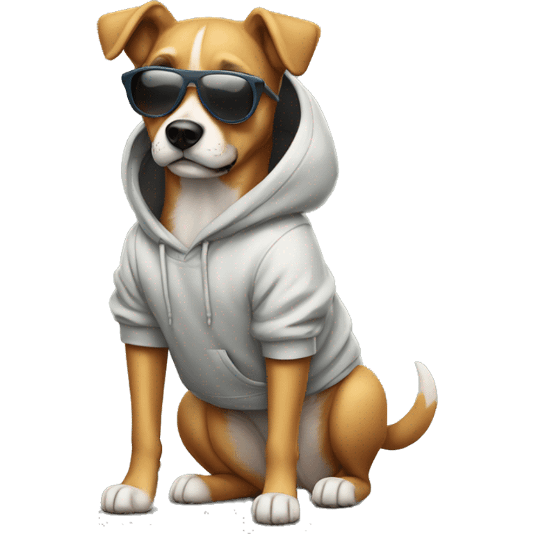 Full body image of a dog wearing hoodie and sunglasses and shorts emoji