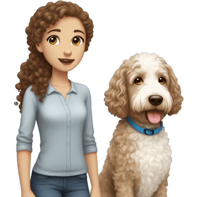 girl with curly brown hair and blue eyes , light skin with white and brown Labradoodle emoji