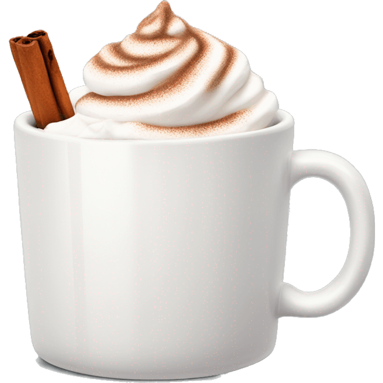 white mug of hot chocolate with whipped cream and cinnamon emoji