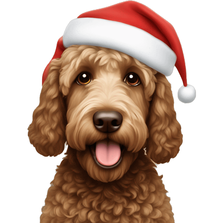 Brown labradoodle wearing Santa hat emoji