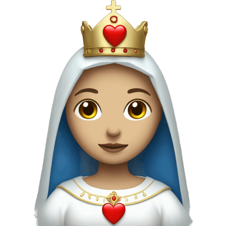 holy mary with a crown, blue veil, white clothes, white skin, holding a red heart in her hands emoji