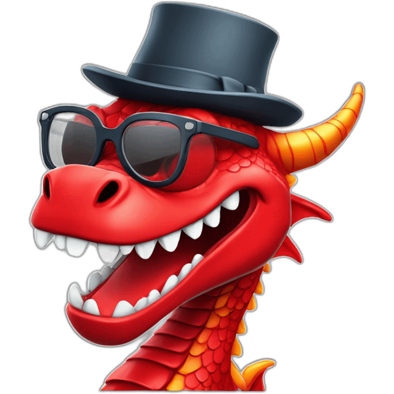 Crazy funny red dragon head with human white teeth and beautiful smile wearing glasses and hat emoji