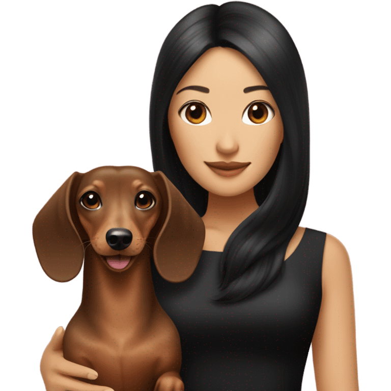 Long-haired dachshund with black-haired Asian girl wearing black dress emoji