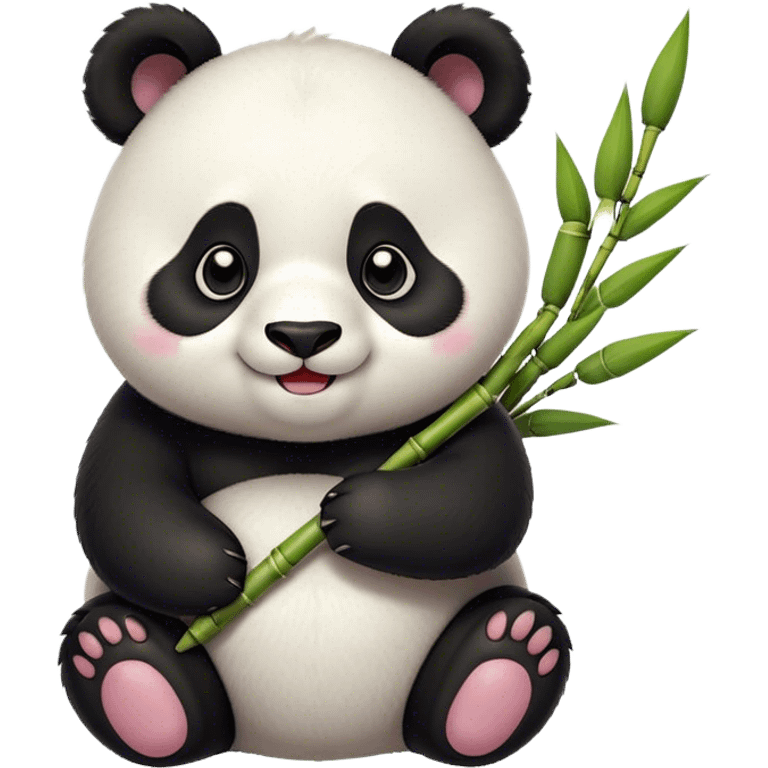 Cinematic smiling chubby panda, fluffy black and white fur, round rosy cheeks, tiny paws holding a bamboo shoot, sparkling eyes full of joy, soft glowing background, irresistibly huggable. emoji