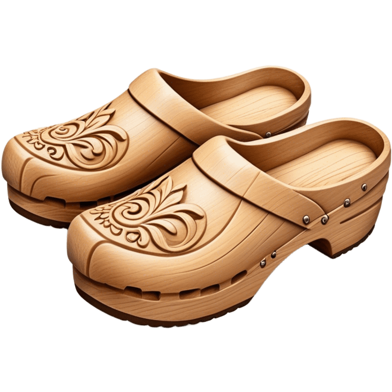 Cinematic Realistic Wooden Clogs Emoji, depicted as a pair of traditionally carved wooden clogs with intricate details and rustic charm. emoji