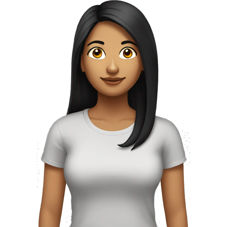 A 25 year old, South Asian woman, with long black hair,   wearing a t-shirt. emoji