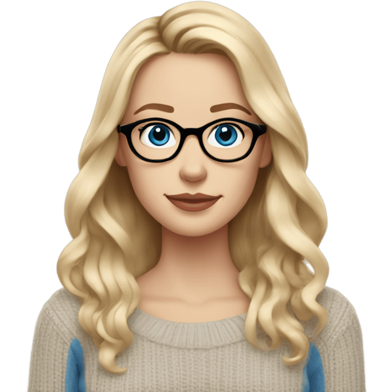 White women, long blonde balayage hair, no smile, blue eyes, beige sweater wearing glasses  emoji