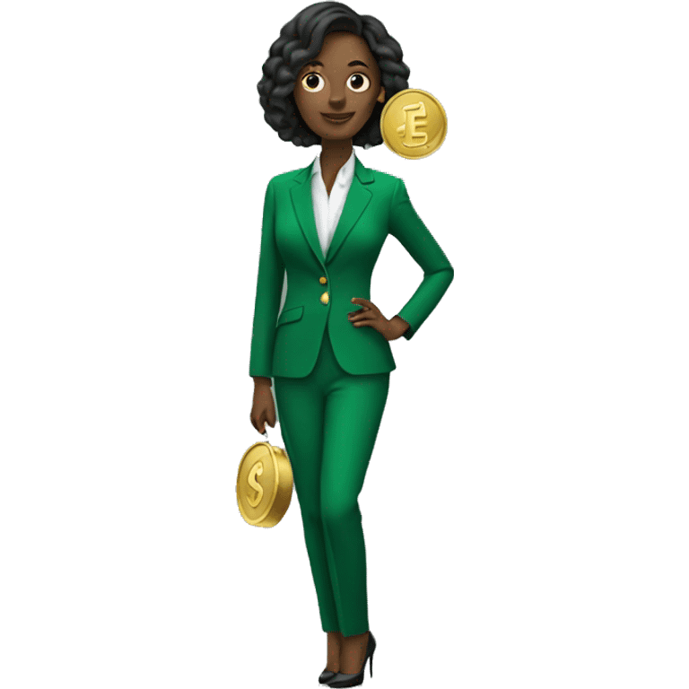 Posh-woman-with-green-suit-holding-golden-coins only head and sholders emoji