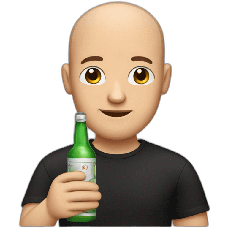 A balding man in a black shirt holds a bottle of alcohol. emoji