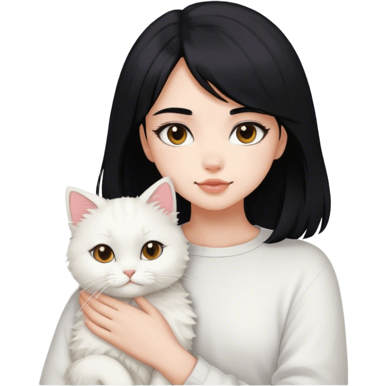 a light pink vibes cute girl with black medium hair and her white fluffy cat emoji