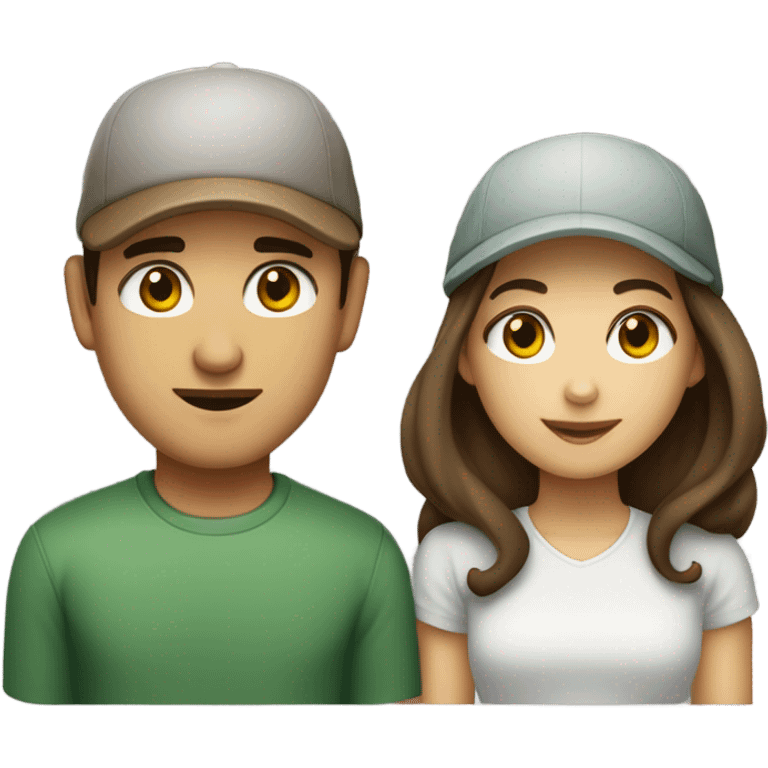 Couple mixte, girl brown hair, gray green eyes, small thin mouth, European type, man, Indonesian type, with a cap emoji