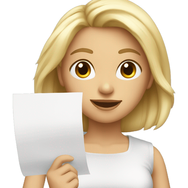 blonde girl giving feedback with a sheet of paper emoji