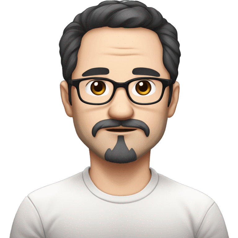 masterpiece, anime style, chibi, illustrated logo, medium short shot, emote for twitch of a 46 year old man, oval face, black hair, wrinkles on forehead, brown eyes, white skin, inky shirt, short hair, glasses
 emoji