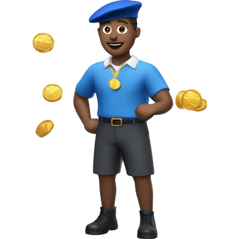 3d rendering man with floating three golden coins, blue beret, blue suitcase, white t-shirt, black eyes, red lip, blue short pants, ivory skin emoji